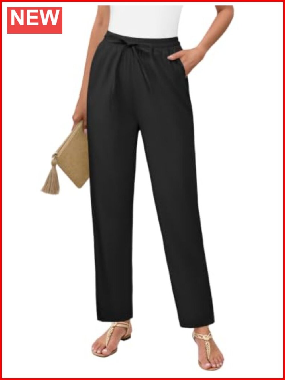Women Linen Blend Ankle Pants Drawstring High Waist